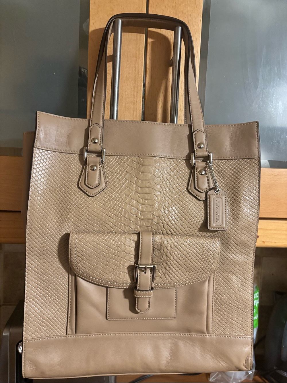 Coach Taupe Faux-Snakeskin Tote with Front Buckle Pocket